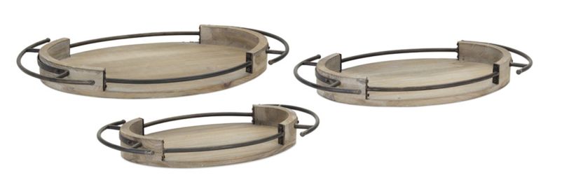 Tray (Set of 3) 17.25"D, 19.25"D, 21.25"D Iron/Wood