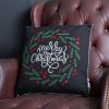 Merry Christmas and Pine Wreath Pillow 15"SQ Polyester