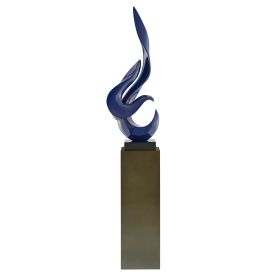 Navy Blue Flame Floor Sculpture With Gray Stand, 65" Tall