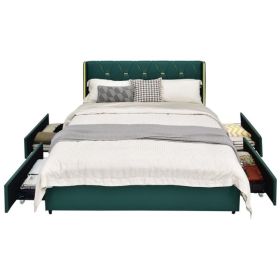 Full Size Green/Gold Linen Headboard 4 Drawer Storage Platform Bed