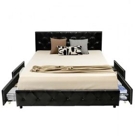 Full Size Black PU Leather Button Tufted Platform Bed with 4 Storage Drawers