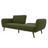 Green Linen Upholstered Futon Sofa Bed with Mid-Century Style Wooden Legs