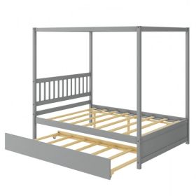 Gray Full Size Canopy Platform Bed with Twin Roller Trundle Bed