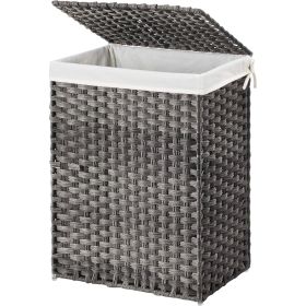 Grey Rattan Plastic Laundry Hamper Basket w/ Lid and Removable Cotton Liner Bag