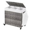 Handwoven Grey PP Rattan 3-Bag Laundry Basket Cart with Cotton Liner on Wheels