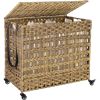 Tan PP Rattan 3-Basket Laundry Hamper Sorter Cart with Removable Cotton Bags