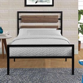 Full Size Industrial Metal Platform Bed Frame with Wood Panel Headboard