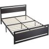 Queen Black Metal Platform Bed Frame with Wood Panel Headboard and Footboard