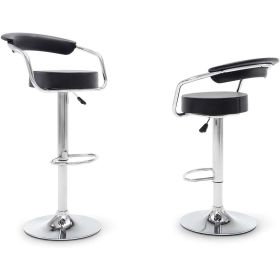 Set of 2 Modern Bar Stools with Black Faux Leather Round Seat with Footrest