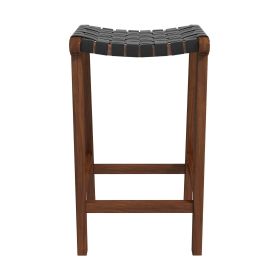 James Mid-Century Modern Black Genuine Leather Bar Stool