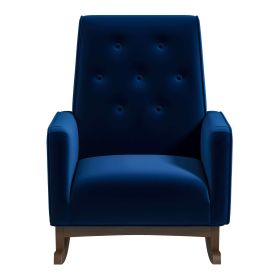 Demetrius Mid-Century Modern Dark Blue Velvet  Solid Wood Rocking Chair