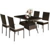 5 Pieces Rattan Dining Set with Glass Table and High Back Chairs