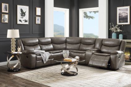 Tavin Taupe Faux Leather Manual Recliner Sectional Sofa w/ Cupholder Console