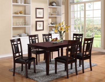 7-Pc Dinette Set Brown Espresso Finish Rectangular Table Faux Leather Upholstery Padded Lattice Design Side Chairs Dining Room Wooden Dining Set Furni