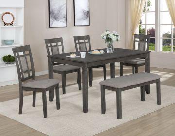 Beautiful 6-Pc Dinette Gray Finish Rectangular Table Upholstered Chairs Bench Dining Room Wooden Dining Set Furniture Transitional Contemporary Style