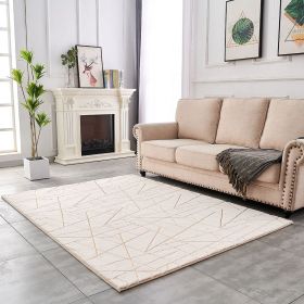 Luxury Machine Washable Beige Geometric Abstract Gold-Gilded Chinchilla Faux Fur Area Rug