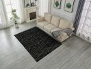 Luxury Machine Washable Black Geometric Abstract Gold-Gilded Chinchilla Faux Fur Area Rug