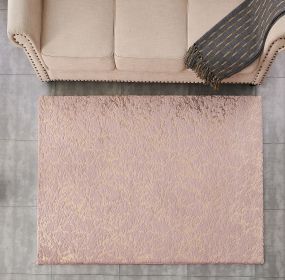 Luxury Machine Washable Dust Pink Abstract Gold-Gilded Chinchilla Faux Fur Area Rug