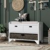 Storage Bench with Removable Basket and 2 Drawers, Fully Assembled Shoe Bench with Removable Cushion (White)