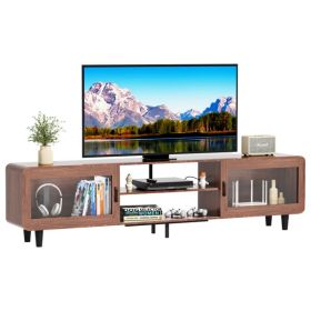 TV Stand for 55/60/65/70", Wood Entertainment Center with Power Outlets, Media Console with Sliding Doors and Open Shelf for Living Room, Walnut[Unabl