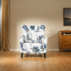 Contemporary Vintage Print Fabric Upholstered Club Chair, White & Blue Patterned Armchair, Stylish and Comfortable Addition to Your Living Space