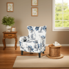 Contemporary Vintage Print Fabric Upholstered Club Chair, White & Blue Patterned Armchair, Stylish and Comfortable Addition to Your Living Space