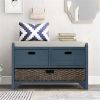 Storage Bench with Removable Basket and 2 Drawers, Fully Assembled Shoe Bench with Removable Cushion (Navy)