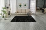 Luxury Machine Washable Black Geometric Abstract Gold-Gilded Chinchilla Faux Fur Area Rug