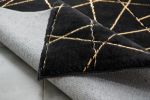 Luxury Machine Washable Black Geometric Abstract Gold-Gilded Chinchilla Faux Fur Area Rug