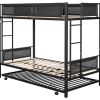 Metal bunk bed with Trundle/ Sturdy Metal Frame/ Noise-Free Wood Slats/ Comfortable Textilene Guardrail/ 2 side Ladders/ Space-Saving Trundle/ Bunk Be