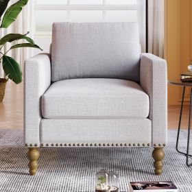 Classic Linen Armchair Accent Chair with Bronze Nailhead Trim Wooden Legs Single Sofa Couch for Living Room, Bedroom, Balcony, Beige