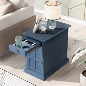 U-Can Classic Vintage Livingroom End Table Side Table with USB Ports and One Multifunctional Drawer with cup holders, Antique Navy