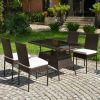 5 Pieces Rattan Dining Set with Glass Table and High Back Chairs