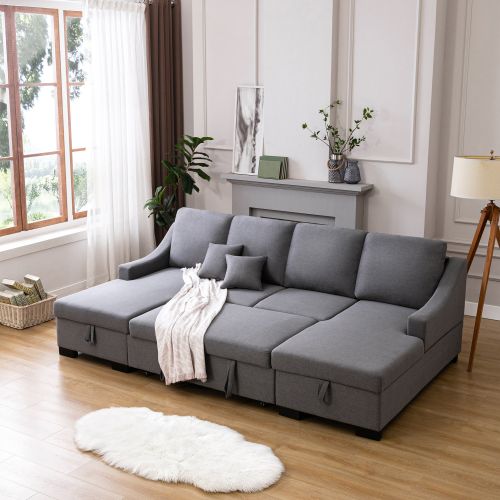 Upholstery Sleeper Sectional Sofa with Double Storage Spaces; 2 Tossing Cushions; Grey Upholstery Sleeper Sectional Sofa with Double Storage Spaces; 2 Tossing Cushions; Grey