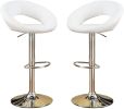 White Faux Leather Stool Adjustable Height Chairs Set of 2 Chair Swivel Design Chrome Base PVC Dining Furniture