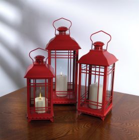 Lantern (Set of 3) 14"H, 17"H, 20"H Metal/Glass (Option: Metal, GlassRed)