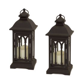 Lantern w/3"x3" LED Candle (Set of 2) 12.25"H Iron/Glass/Plastic - 2 AA Batteries Not Incld. (Option: Iron Metal, Glass, PlasticBlack)