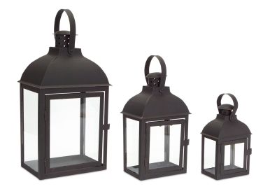 Lantern (Set of 3) 7.5"-14"H Iron/Glass (Option: Iron Metal, GlassBlack)