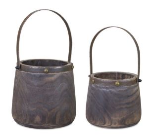 Pail (Set of 2) 7.5"D x 11.75"H, 9"D x 14"H Wood/Steel (Option: Wood, SteelBrown)