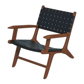 Melody Black Strap Leather Teak Wood Lounge Chair (Color: Black)