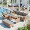 5-Piece Outdoor Patio Rattan Sofa Dining Set with 2 Extendable Side Tables and Washable Covers