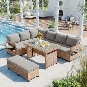 5-Piece Outdoor Patio Rattan Sofa Dining Set with 2 Extendable Side Tables and Washable Covers (Color: Brown)