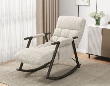 Casual folding rocking chair upholstered, lounge rocking chair adjustable high back and foot rest,side pockets placed in living room bedroom balcony (Color: as Pic)