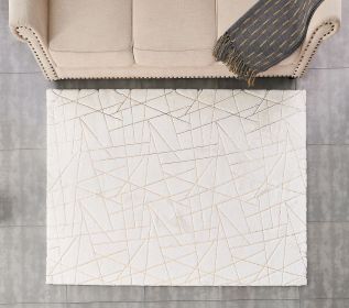 Luxury Machine Washable White Geometric Abstract Gold-Gilded Chinchilla Faux Fur Area Rug (Color: as Pic)