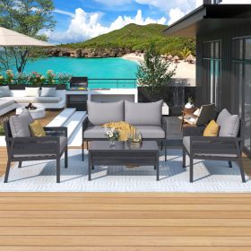 4-Piece Rope Patio Furniture Set, Outdoor Furniture with Tempered Glass Table, Patio Conversation Set (Color: Light Brown + Grey)