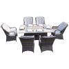 Patio Fire Pit Dining Set 6-Seat Rectangular Aluminum Table with Rattan Chairs