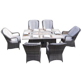 Patio Fire Pit Dining Set 6-Seat Rectangular Aluminum Table with Rattan Chairs (Color: Gray)