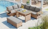 5-Piece Outdoor Patio Rattan Sofa Dining Set with 2 Extendable Side Tables and Washable Covers