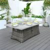 Patio Fire Pit Dining Set 6-Seat Rectangular Aluminum Table with Rattan Chairs