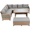 5-Piece Outdoor Patio Rattan Sofa Dining Set with 2 Extendable Side Tables and Washable Covers